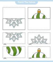 combinar as metades. combine metades de floco de neve e bola de natal. jogo educativo para crianças, planilha para impressão, ilustração vetorial vetor