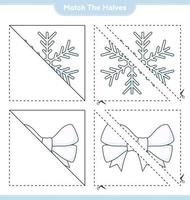 combinar as metades. combine as metades do floco de neve e da fita. jogo educativo para crianças, planilha para impressão, ilustração vetorial vetor