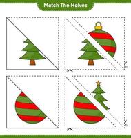 combinar as metades. combine as metades da árvore de natal e a bola de natal. jogo educativo para crianças, planilha para impressão, ilustração vetorial vetor