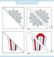 combinar as metades. combine metades de floco de neve e caixa de presente. jogo educativo para crianças, planilha para impressão, ilustração vetorial vetor