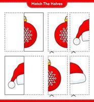 combinar as metades. combine as metades da bola de natal e o chapéu de papai noel. jogo educativo para crianças, planilha para impressão, ilustração vetorial vetor