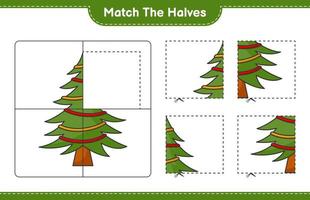 combinar as metades. combinar metades da árvore de natal. jogo educativo para crianças, planilha para impressão, ilustração vetorial vetor