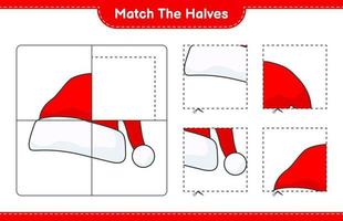 combinar as metades. combine as metades do chapéu de papai noel. jogo educativo para crianças, planilha para impressão, ilustração vetorial vetor