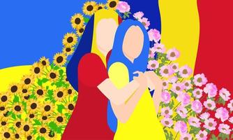 a roménia abraça a ucrânia no contexto de bandeiras nacionais e flores nacionais girassóis e rosas mosqueta. ilustração vetorial plana. apoie a garota da ucrânia vetor
