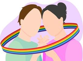 um casal gay apaixonado segura as mãos embrulhadas em uma fita com uma bandeira lgbt. ilustração vetorial plana. vetor