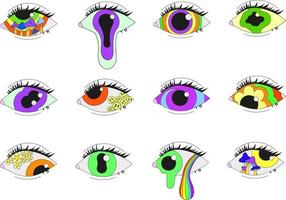 um conjunto de 12 olhos psicodélicos. ilustração vetorial isolada em um fundo branco. vetor