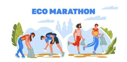 eco plogging maratona web banner com pessoas correndo e pegando lixo em sacos de lixo. desafio de conservação e limpeza do meio ambiente. ilustração em vetor plana dos desenhos animados isolada.