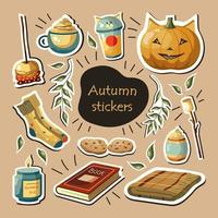 conjunto de adesivos de vetor de outono com abóbora, café com leite, folhas, comida aconchegante e itens. ilustrações fofas de outono.