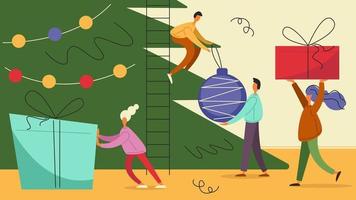 as pessoas decoram a árvore de natal e preparam presentes para o ano novo e o natal. ilustração vetorial de estoque em estilo simples. vetor