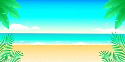 mar de praia vazio e folhas de palmeira, paisagem marinha do paraíso. férias de verão viagens conceito design banner publicidade estoque ilustração vetorial com espaço de cópia. vetor