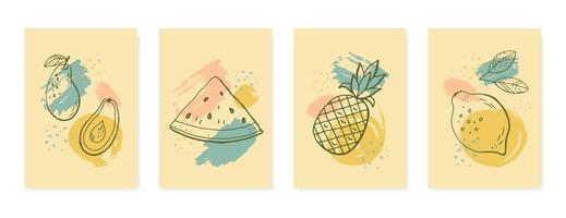 esboço de desenho de mão de frutas, pinceladas, conjunto de fundos abstratos. design para cartão, convite. ilustração vetorial de estoque. vetor