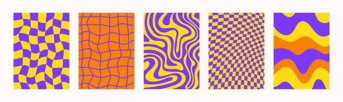 retro conjunto fundos verticais abstratos ondulados em estilo hippie dos anos 60, 70. modelos de ondas e xadrez distorcidos de coleção na moda. cores amarelo, laranja e roxo. ilustração vetorial vetor