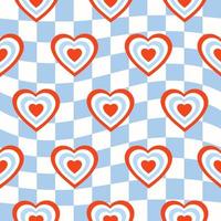 sem costura padrão com túnel em forma de coração em um fundo xadrez azul. ilustração hippie retrô moderna para decoração. impressão vetorial estética no estilo anos 60, 70 vetor
