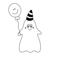 doodle feliz sorridente fantasma de desenho animado com balão e boné festivo na cabeça criança contorno de elemento de design de halloween vetor