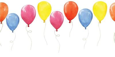 borda sem costura em aquarela, padrão com balões coloridos. clipart, design para aniversário, feriado, festa. balões fofos em azul, vermelho, amarelo e rosa vetor