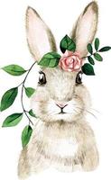 ilustração em aquarela fofa com coelhinho da páscoa. desenho realista de um coelho, lebre com flores da primavera. símbolo da páscoa, primavera. desenho bonito para crianças. decoração para cartões postais, clipart vetor