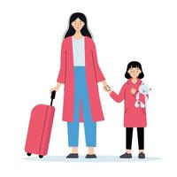 pessoas viajando. mãe e filha com bagagem no aeroporto. ilustração vetorial em estilo simples vetor