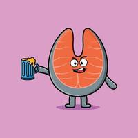 personagem de desenho animado de salmão fresco com copo de cerveja vetor
