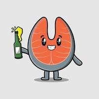 personagem de desenho animado salmão fresco com garrafa de refrigerante vetor