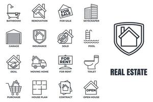 conjunto de ilustração em vetor logotipo ícone imobiliário. modelo de símbolo de pacote de casa. piscina, contrato, negócio, aluguel, reforma e muito mais para coleção de design gráfico e web