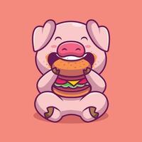 porco bonito comendo ilustração dos desenhos animados de hambúrguer vetor