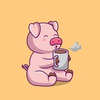 porco bonito soprando ilustração de desenho animado de café quente vetor