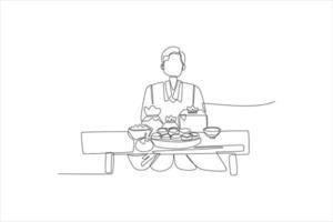 único menino coreano de desenho de linha está sentado e está tendo uma refeição coreana na mesa. conceito de chuseok feliz. linha contínua desenhar design gráfico ilustração vetorial. vetor