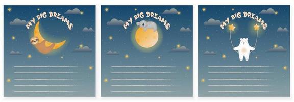 meus grandes sonhos para as crianças. céu estrelado mágico com animais fofos. espaço sideral. conjunto de ilustração vetorial
