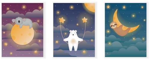 animais adormecidos para crianças. céu estrelado mágico com coala fofo, urso e preguiça. espaço sideral. conjunto de ilustração vetorial vetor
