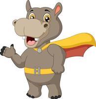 desenho de hipopótamo super-herói fofo acenando a mão vetor