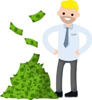 trabalhador de escritório na camisa branca. monte de dinheiro verde. homem feliz. ilustração plana dos desenhos animados. pagamento e negócios vetor