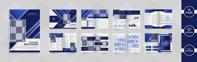 design moderno de brochura da empresa de 16 páginas com informações e formas abstratas de cor gradiente azul. vetor