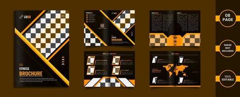 design de brochura bifold de 8 páginas de ginásio com informações e formas abstratas de cor amarela. vetor