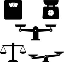 conjunto de ícones de escala e peso. escalas de fundo de ícone branco de justiça. símbolo da máquina de pesagem. sinal de escala de lei. compare o símbolo do logotipo. vetor