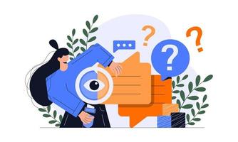 ilustração do conceito de perguntas frequentes. pessoas olhando através de lupa no ponto de interrogatório. busca de soluções, informações úteis, suporte ao cliente, resolução de problemas. ilustração vetorial vetor