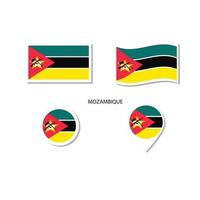 conjunto de ícones do logotipo da bandeira de Moçambique, ícones planos retângulo, forma circular, marcador com bandeiras. vetor