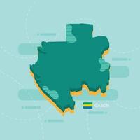 Mapa vetorial 3D do gabão com nome e bandeira do país sobre fundo verde claro e traço. vetor