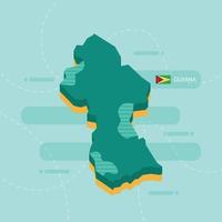 Mapa vetorial 3D da Guiana com nome e bandeira do país sobre fundo verde claro e traço. vetor