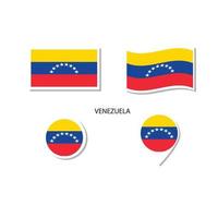 conjunto de ícones do logotipo da bandeira da venezuela, ícones planos retângulo, forma circular, marcador com bandeiras. vetor