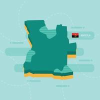 Mapa vetorial 3D de angola com nome e bandeira do país sobre fundo verde claro e traço. vetor