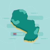 Mapa vetorial 3D do Paraguai com nome e bandeira do país sobre fundo verde claro e traço. vetor