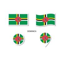 conjunto de ícones do logotipo da bandeira dominica, ícones planos retângulo, forma circular, marcador com bandeiras. vetor