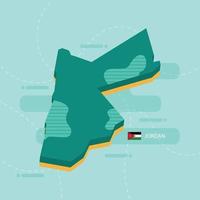 Mapa vetorial 3D da Jordânia com nome e bandeira do país sobre fundo verde claro e traço. vetor