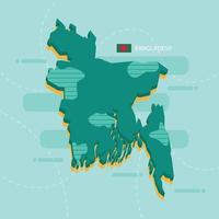 Mapa vetorial 3D de bangladesh com nome e bandeira do país sobre fundo verde claro e traço. vetor