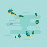 Mapa vetorial 3D de cabo verde com nome e bandeira do país sobre fundo verde claro e traço. vetor