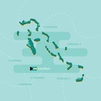 Mapa vetorial 3D das Bahamas com nome e bandeira do país sobre fundo verde claro e traço. vetor