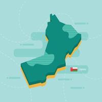 Mapa vetorial 3D de Omã com nome e bandeira do país sobre fundo verde claro e traço. vetor