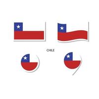conjunto de ícones do logotipo da bandeira do Chile, ícones planos retângulo, forma circular, marcador com bandeiras. vetor