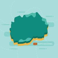Mapa vetorial 3D da Macedônia do Norte com nome e bandeira do país sobre fundo verde claro e traço. vetor