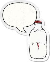garrafa de leite de desenho animado bonito e adesivo angustiado de bolha de fala vetor
